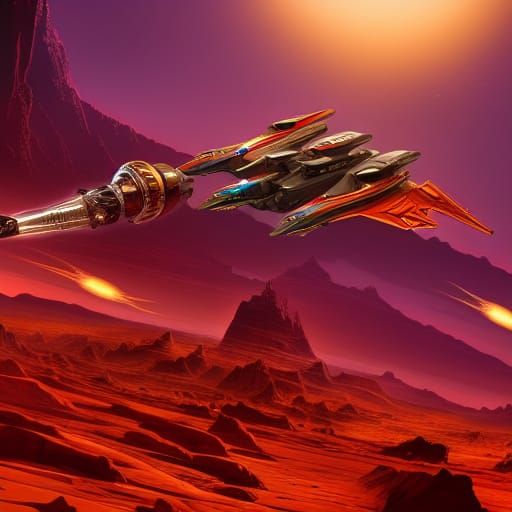 buck rogers and flash gordon spaceships in a dogfight in a m...