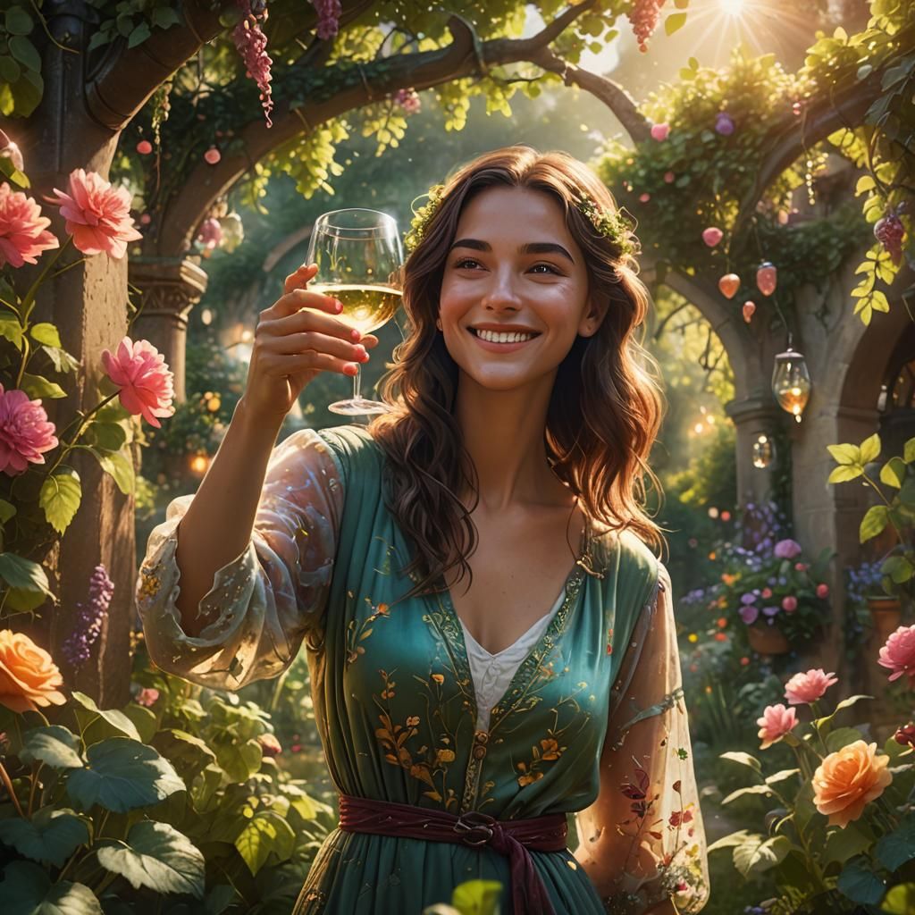 Smiling Woman in Floral Garden with Glowing Wine