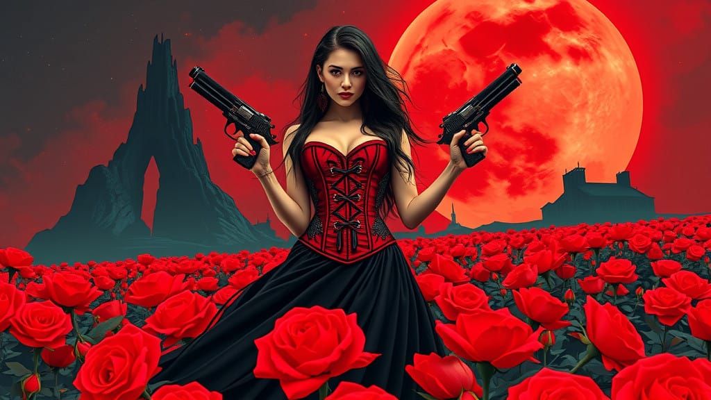 Ethereal Neo-Gothic Woman in Crimson Corset amidst Red Roses