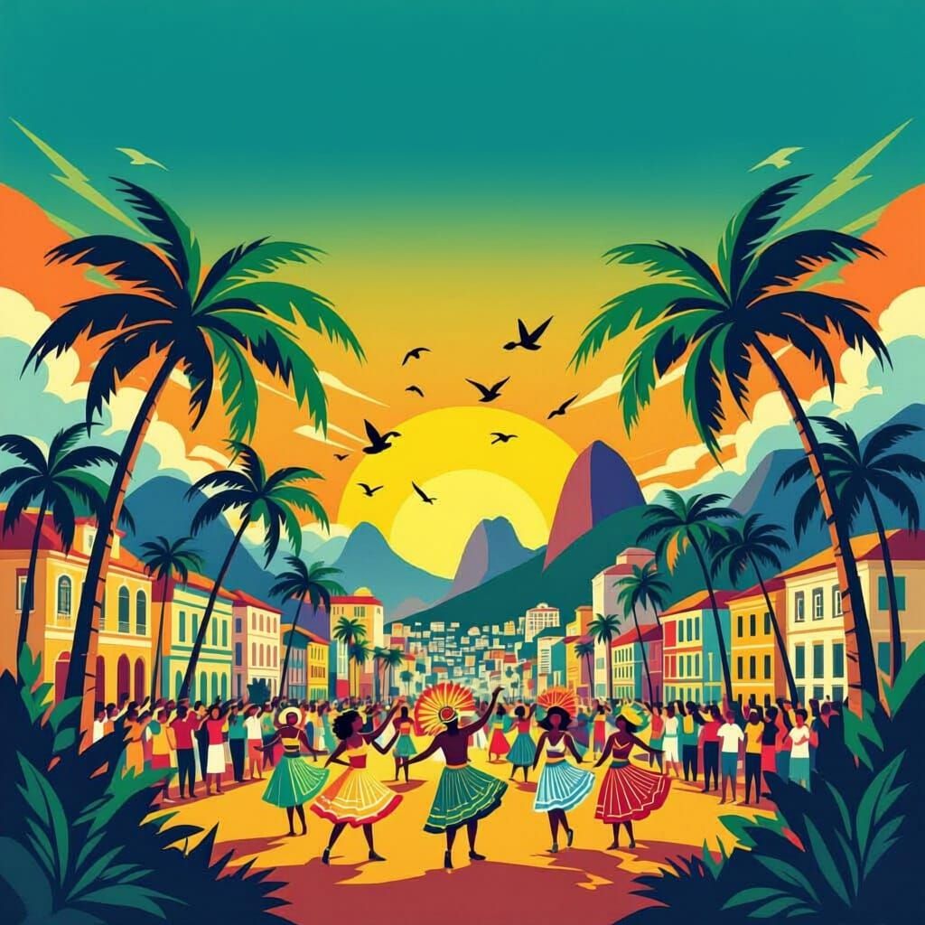 Travel poster for Brazilian Samba Carnival using lively bright colors for Rio De Janeiro.  Include palm trees and parrots.
