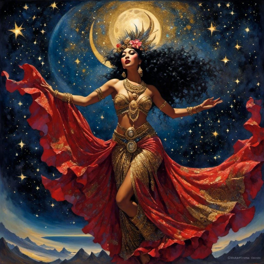 <lora:CelestialWhimsy:1.0> Polynesian goddess dancing under the stars