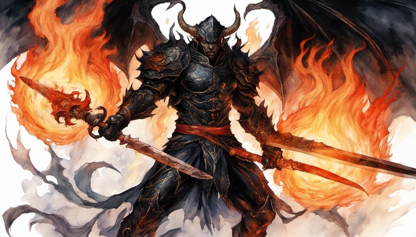 Balrog, black armour, elf, flames, huge sword, evil, cunning ...