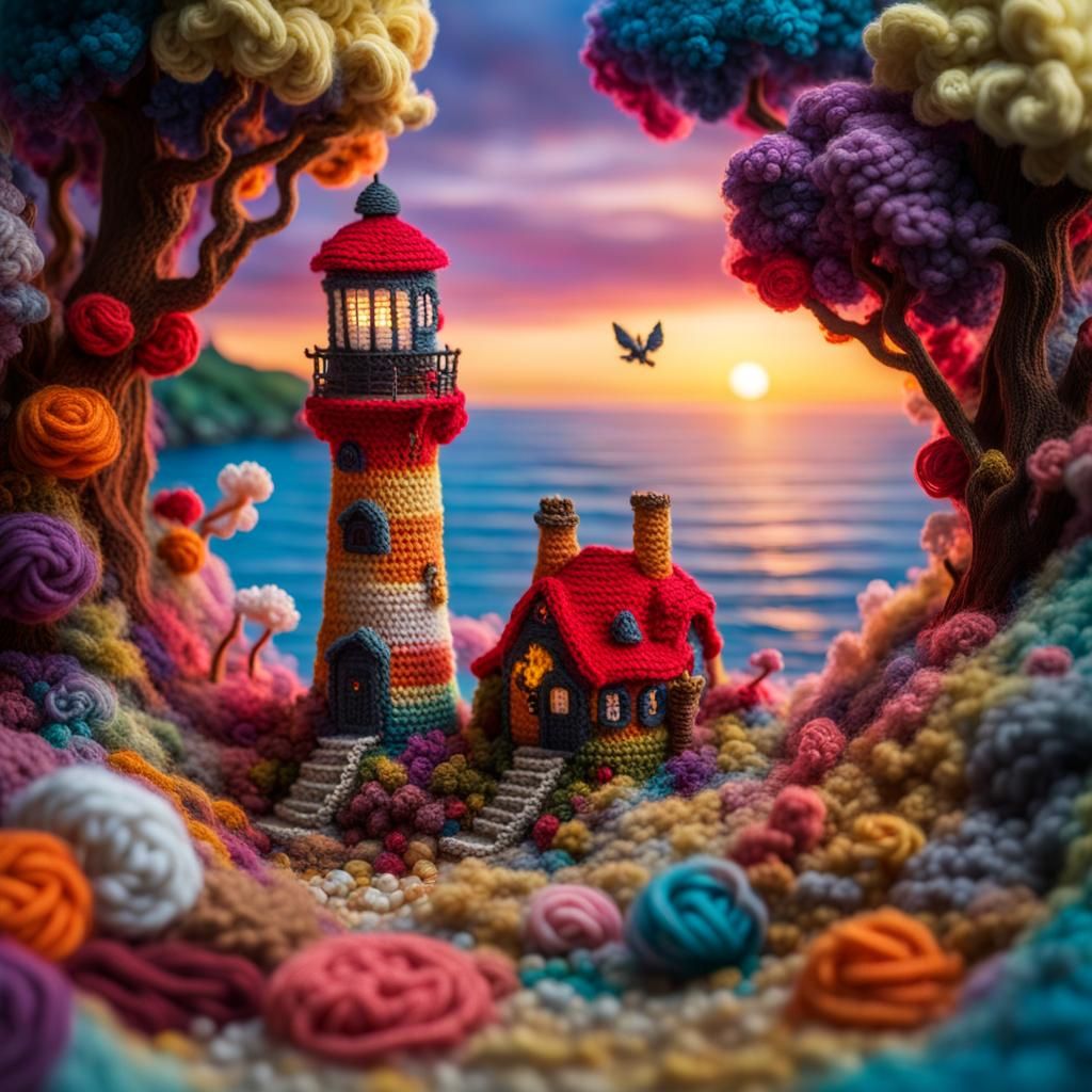 beautiful enchanted lighthouse made in crochet,