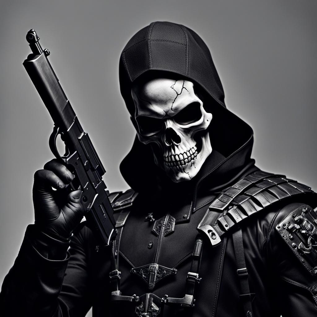 Demigod skull in a black costume with a gun