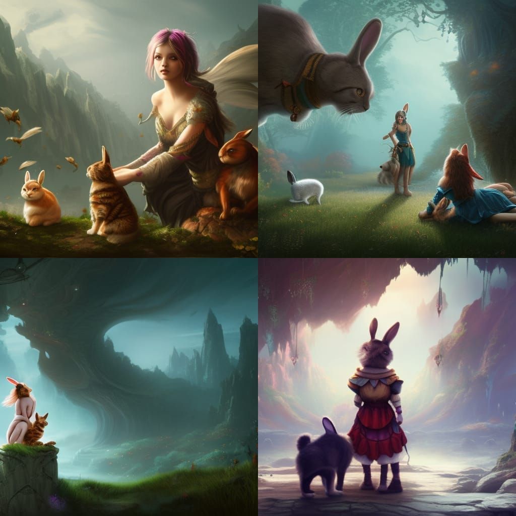 Girl with a dog, cat, and bunny on fantasy background