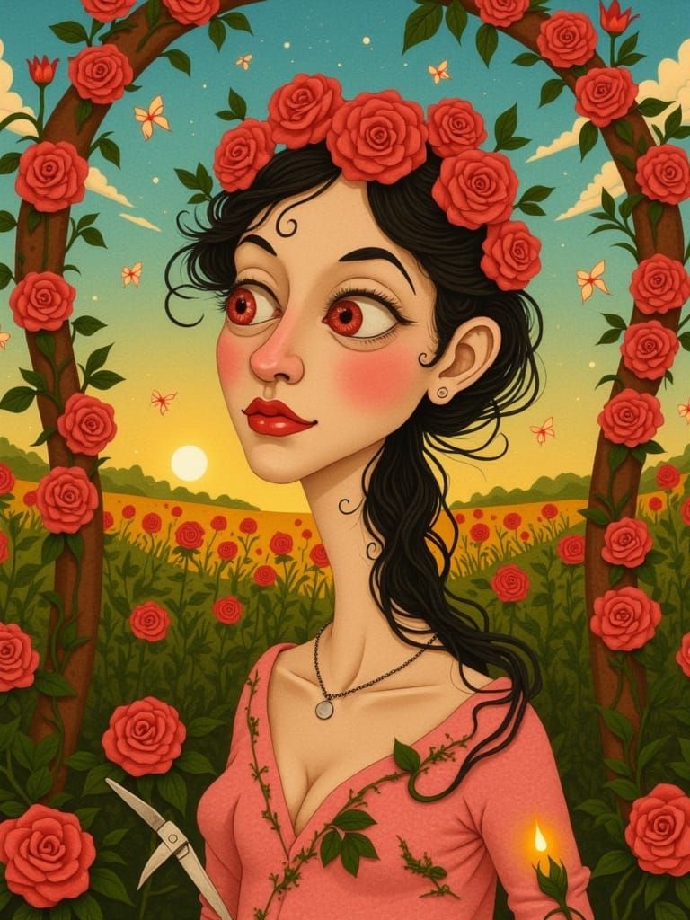 A surreal portrait of a woman with distorted, asymmetrical facial features, big ruby eyes that pulse with warmth, and an elongated face fram...