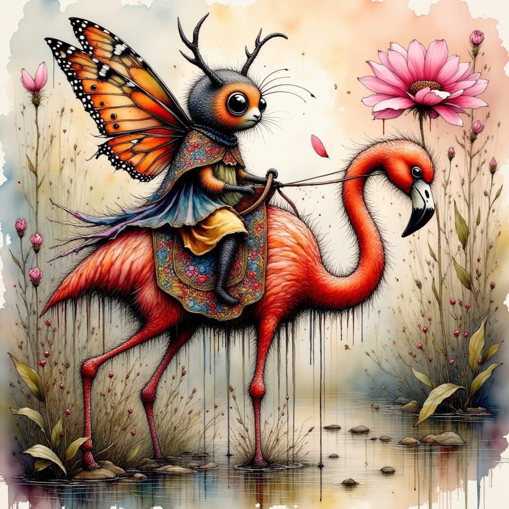  An alcohol ink image of an anthropomorphic clothed monarch Caterpillar riding on a psychedelic llama. The LLama is saddled, the saddle is d...
