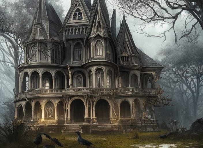 Gothic architecture house, leafless trees, lightning bolt, ravens ...