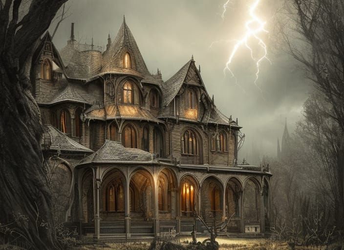 Gothic architecture house, leafless trees, lightning bolt, ravens ...