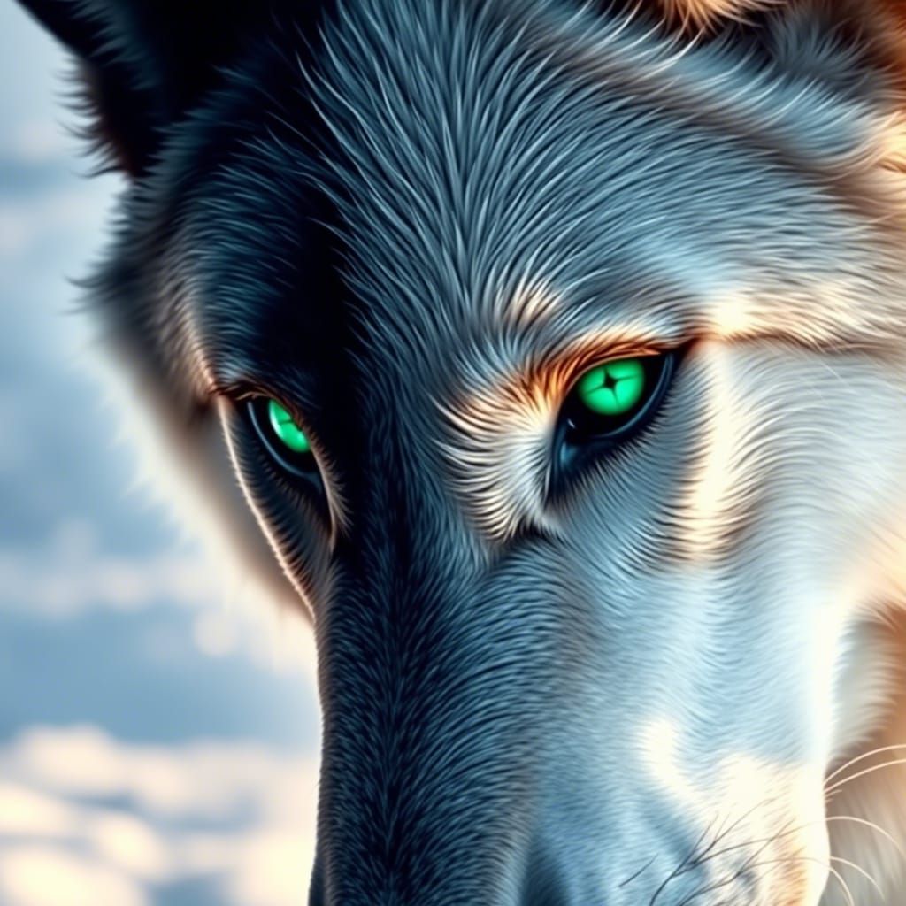 Green eyes wolf, black and white face.