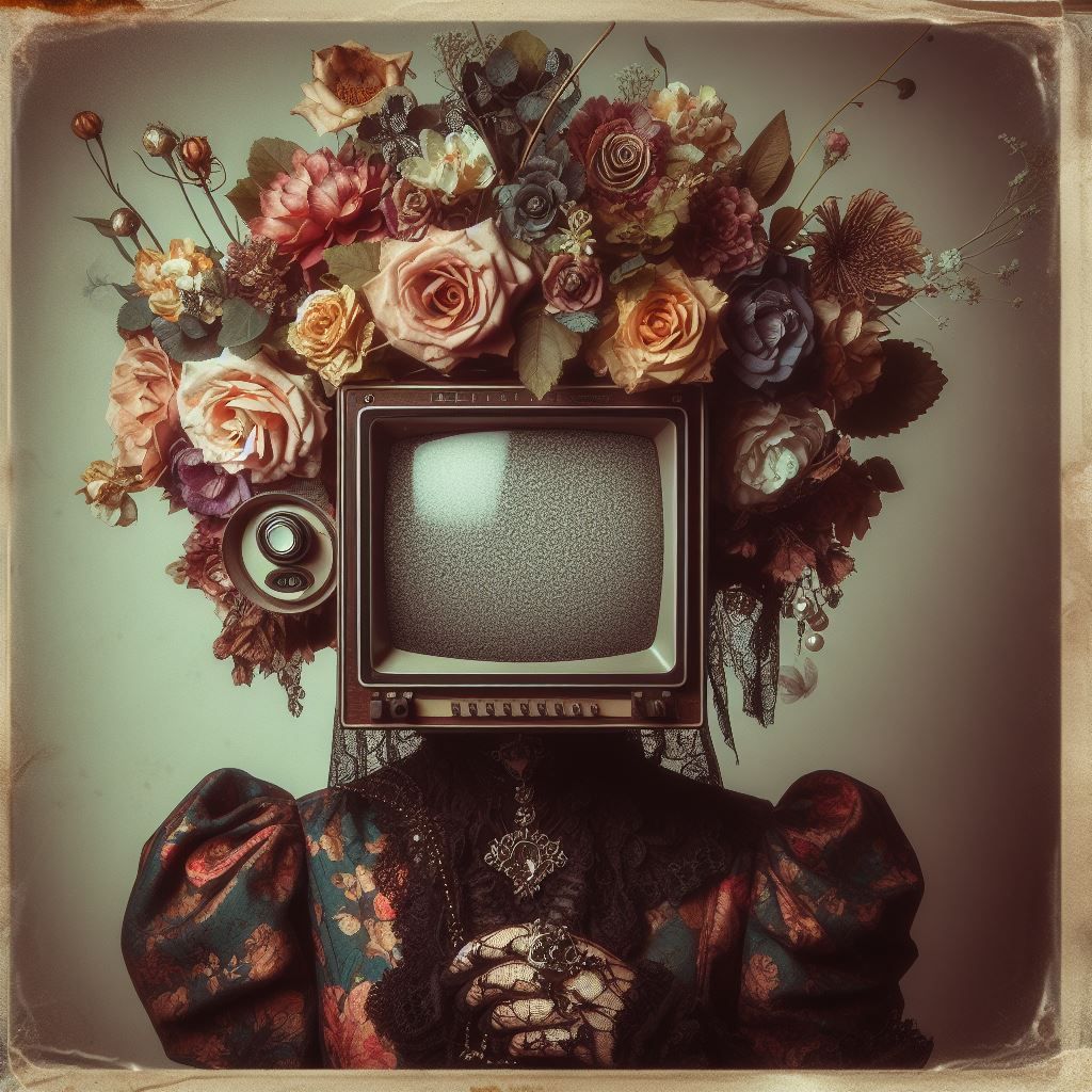 floral steampunk gothic woman with a vintage tv head, poloro...