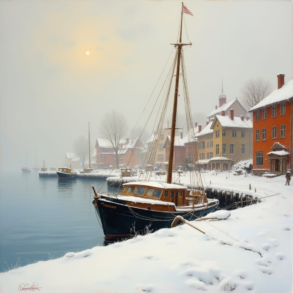 A small boat on a port by winter  by @axelb