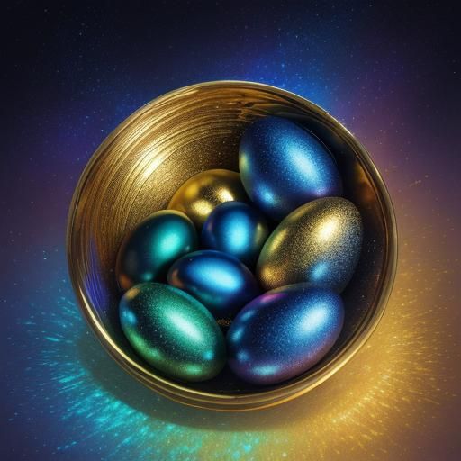 Deep blue eggs with shining golden light.