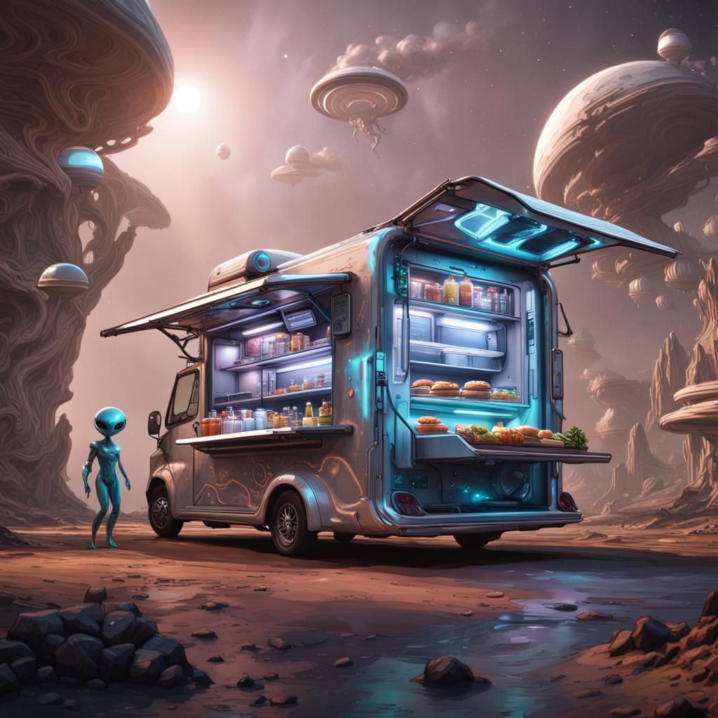 Flying Futuristic Food Truck Alien Salesman Space Station Portal Detailed Deep Color