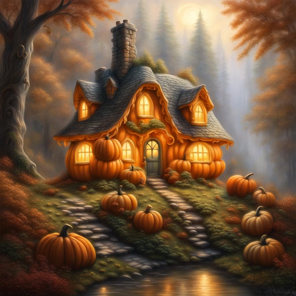 A photorealistic enchanted cottage carved from a pumpkin with light ...