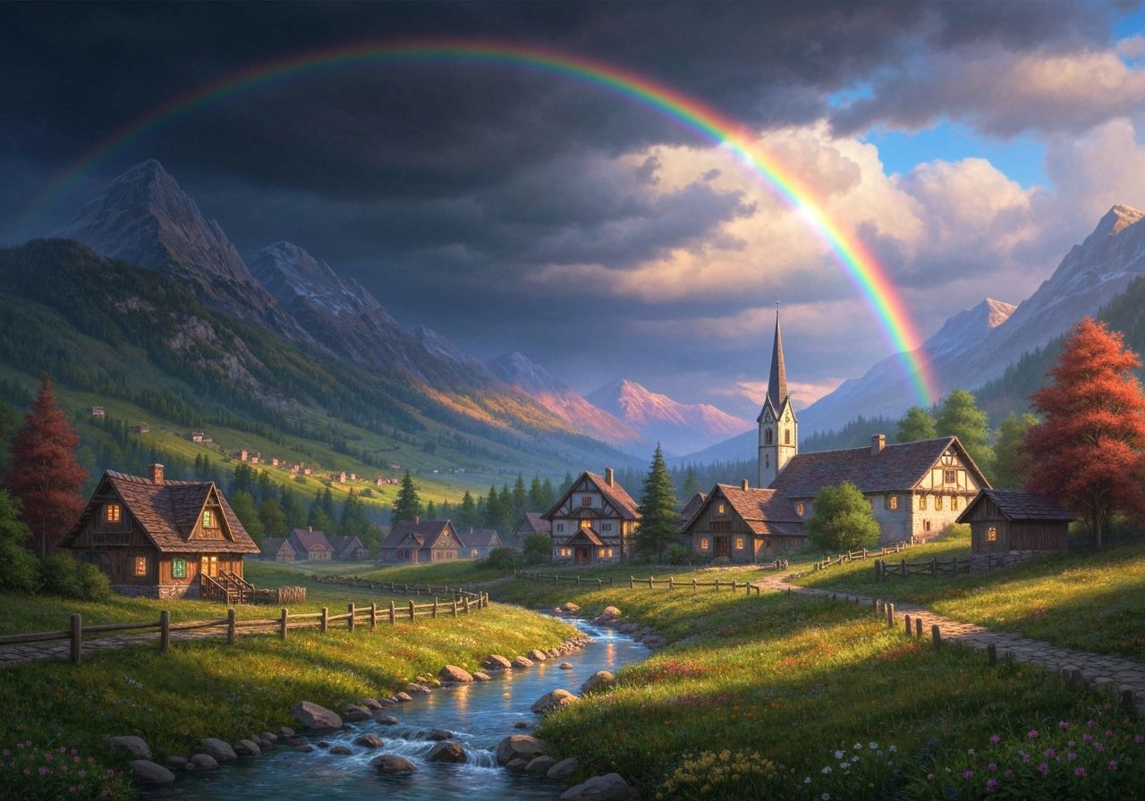 A picturesque mountain landscape with a charming fairytale-like village nestled in the valley. A small ...  by @Zoli