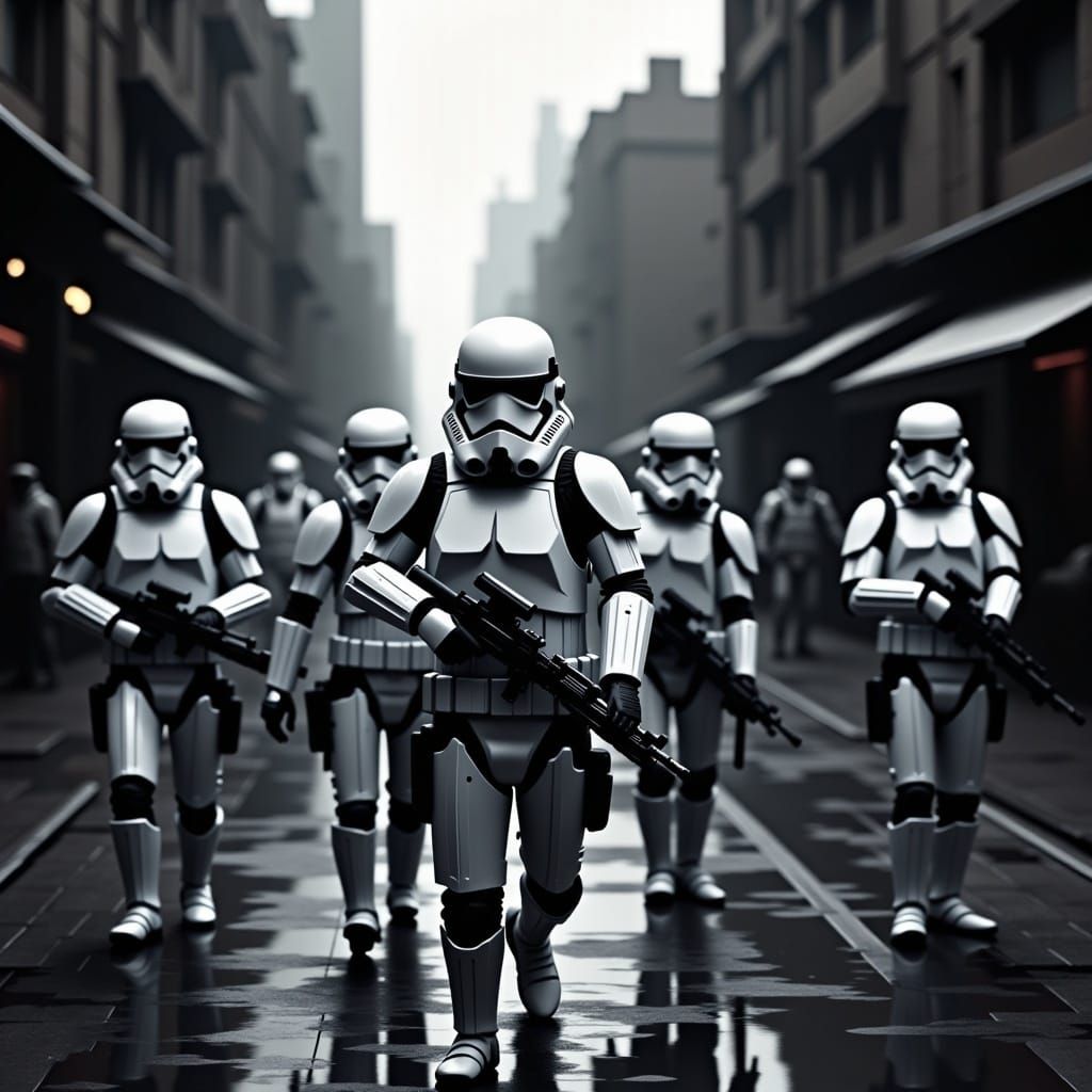 <lora:Glitchcore Flux:1.0> A group of stormtroopers patrolling a dingy city street