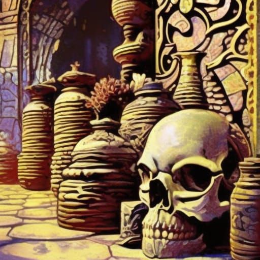 Wall of ancient apothary jars and skull hyperdetailed  8k re...