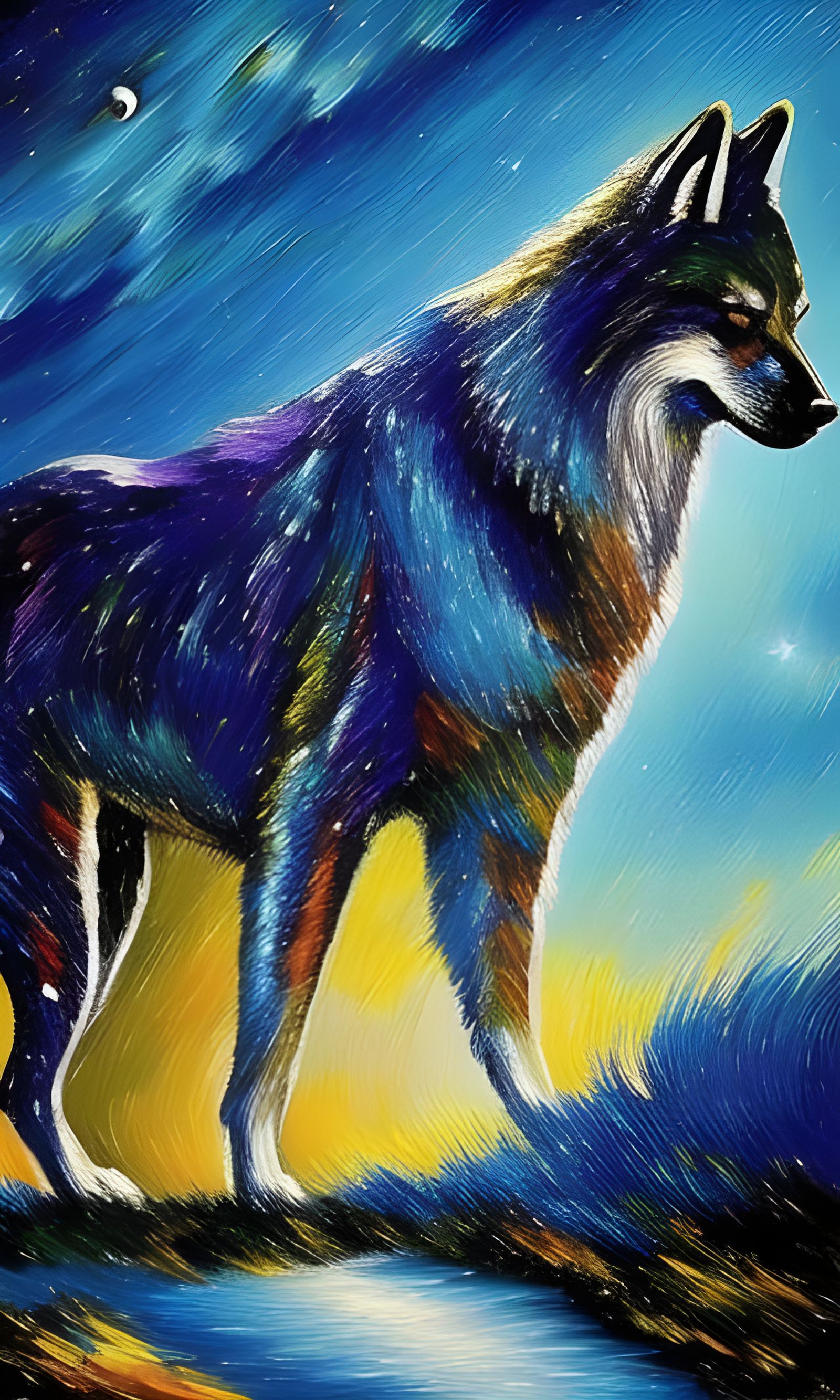 Blue and Purple Night Wolf, impasto