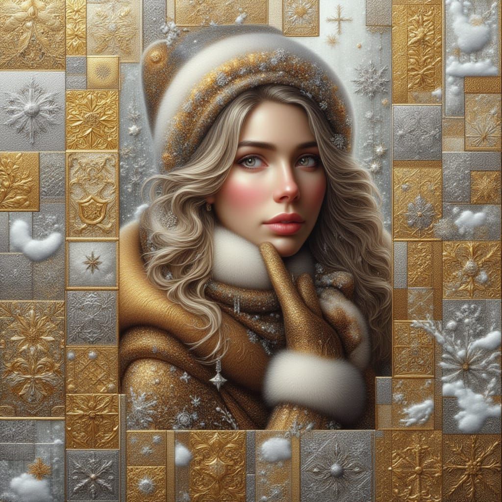 <lora:kak-festivepatch:1.0>visually stunning artwork featuring an asymmetric gilded patchwork in silver and gold as the background. In the c...