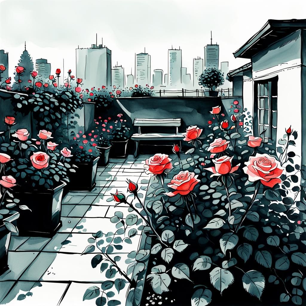 Rose garden on rooftoop. ink drawing serene