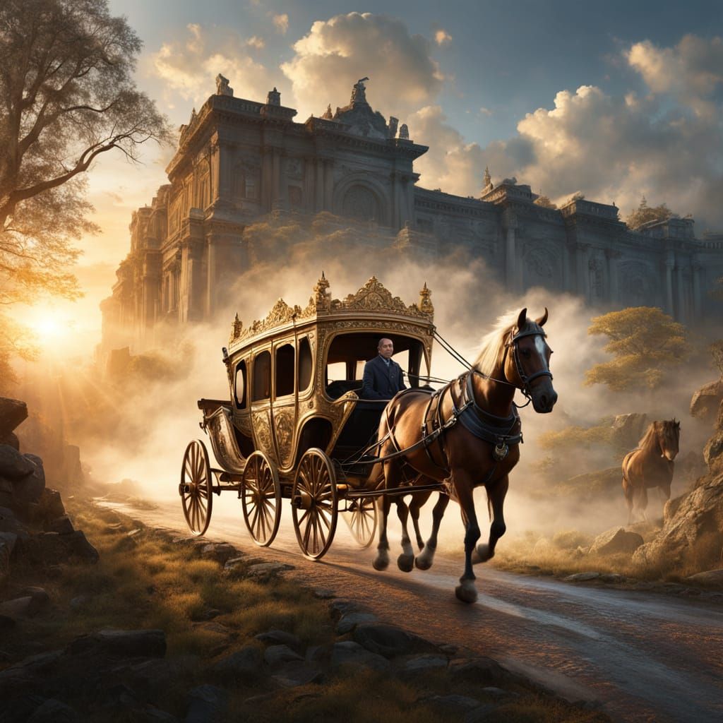 Create a majestic, highly detailed scene of a grand horse-drawn carriage traveling along an ancient road. The carriage should be ornate, bui...