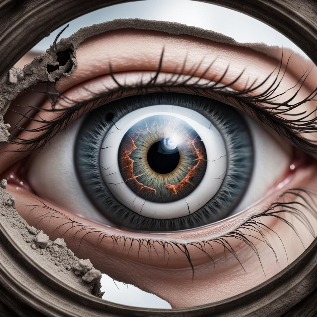 large eye looking ahead, with a mirror image of death and de...