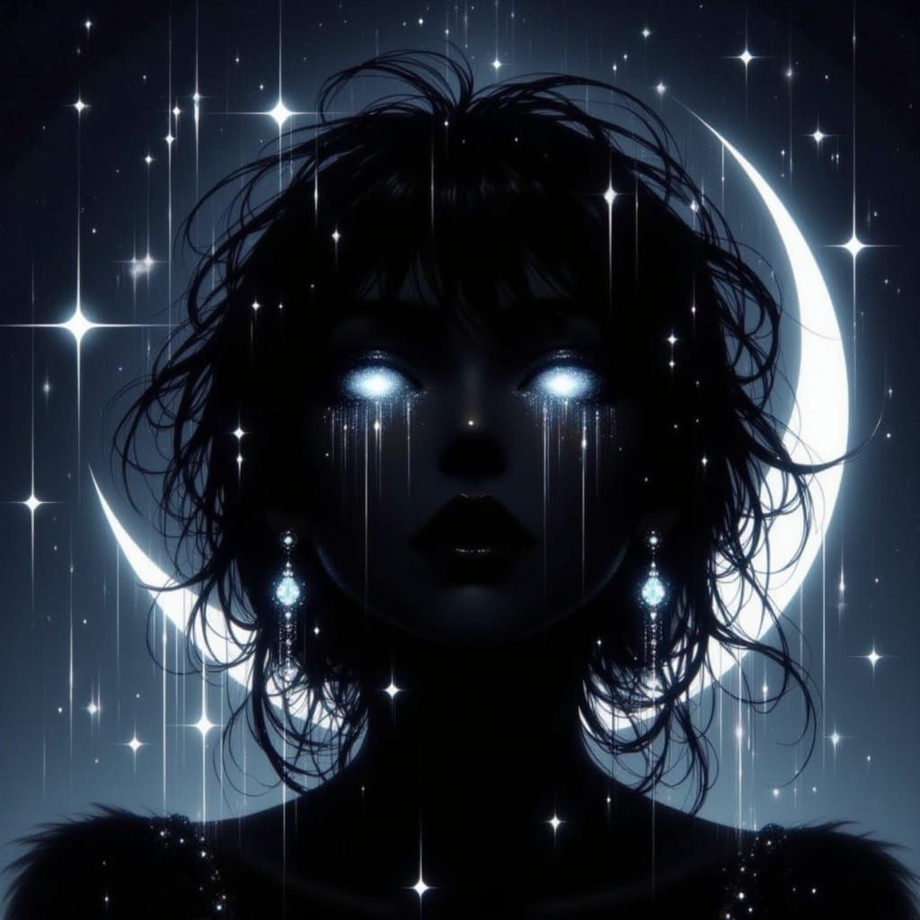 Female Silhouette Under a Moonlit Sky with Glowing Eyes