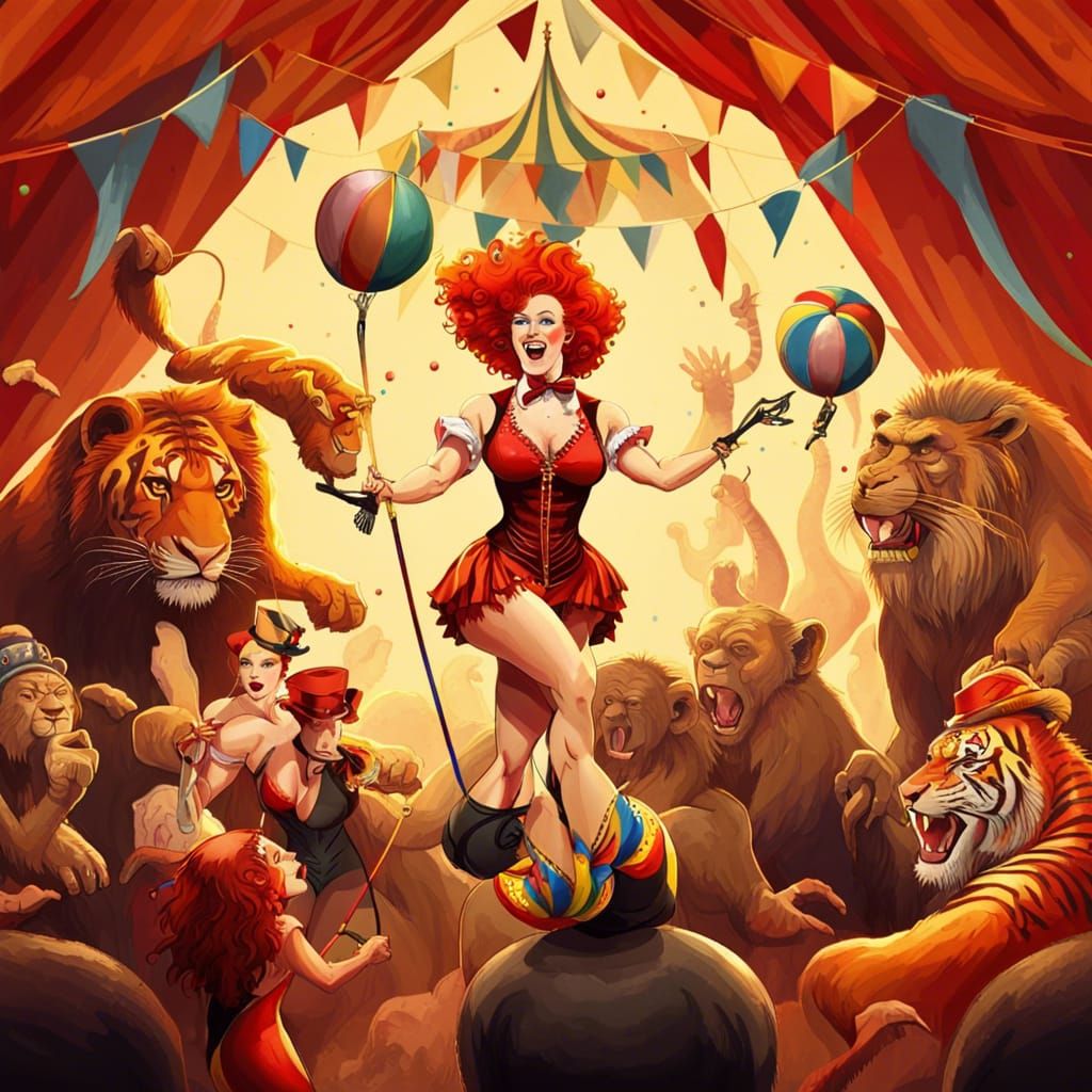 beautiful flame haired, female ringmaster, red bikini, small...