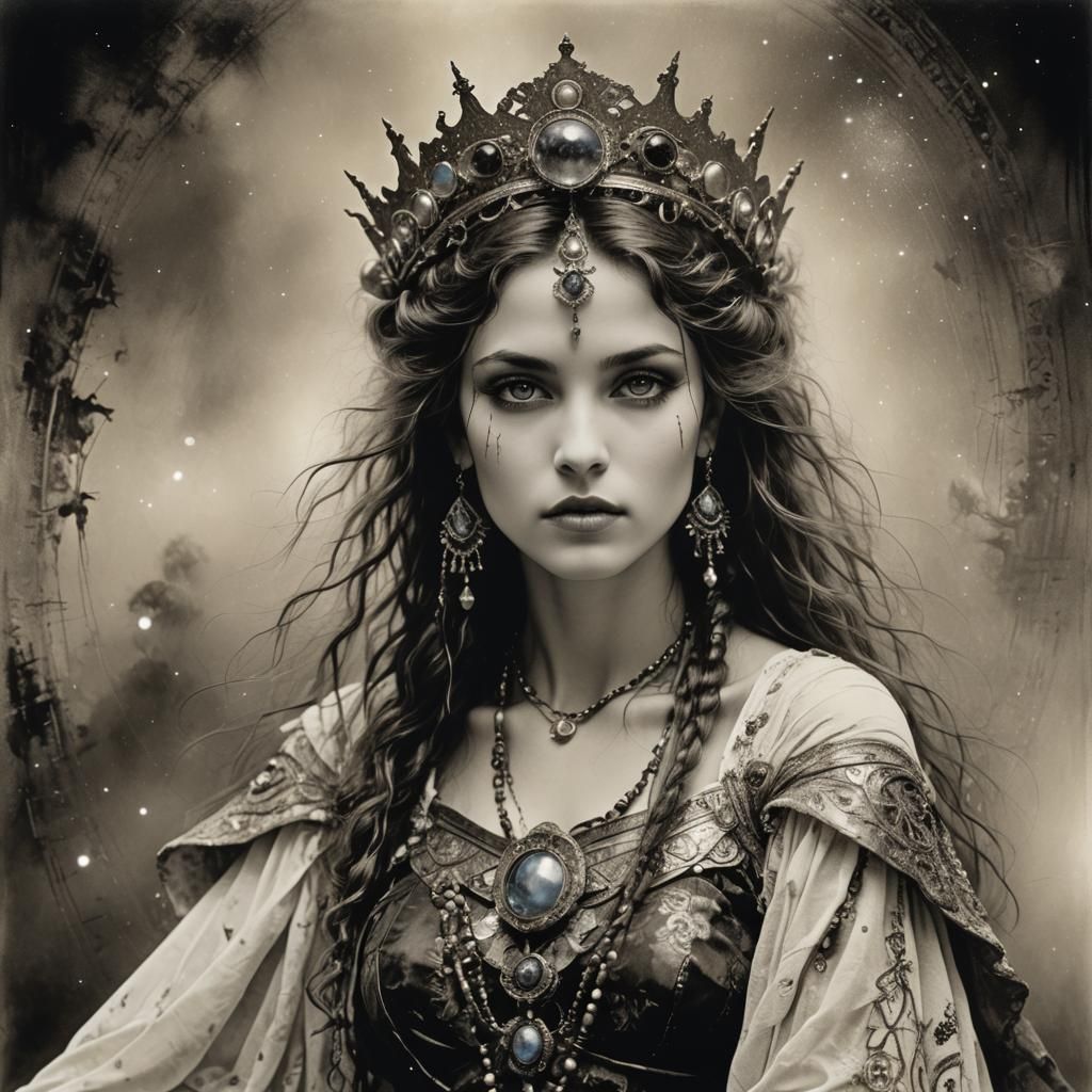 portrait, BEAUTIFUL galactic bohemian PRINCESS, regal, pop art, Calotype print, Pino Daeni, LUIS ROYO ...  by @undefined