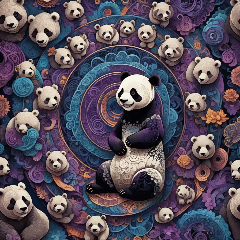 Meditative Panda with Emotional Bears in Fractal Design