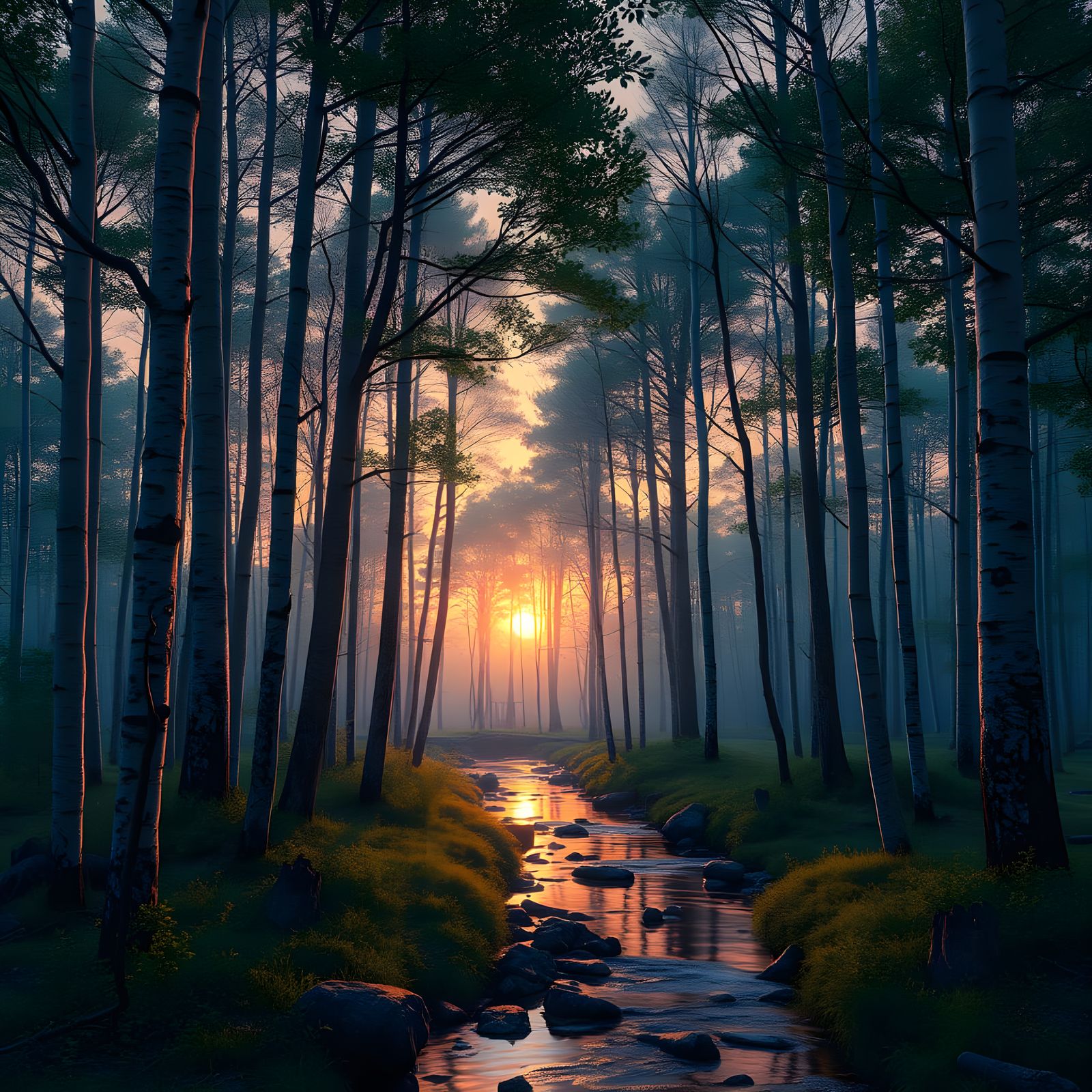 birch forest, stream, sunset  by @Mila K