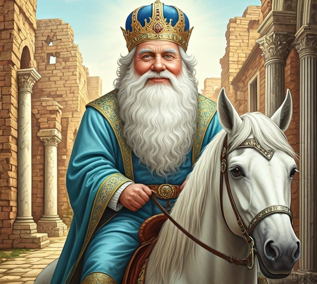 Ancient King Rides a White Horse Through a Forgotten City