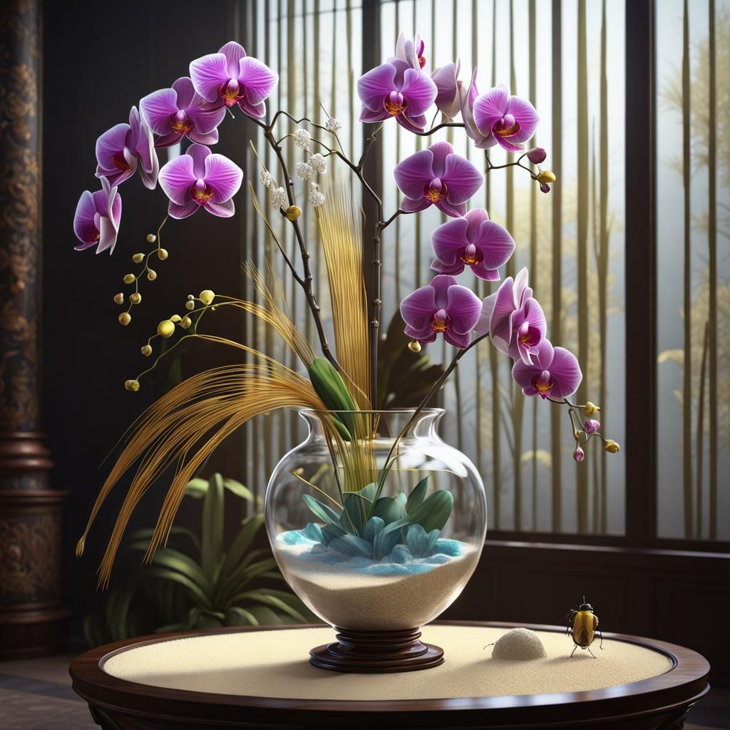Large orchid, multiple colored flowers with diamond stems and gingko, metallic leaves in a glass vase filled with white ...