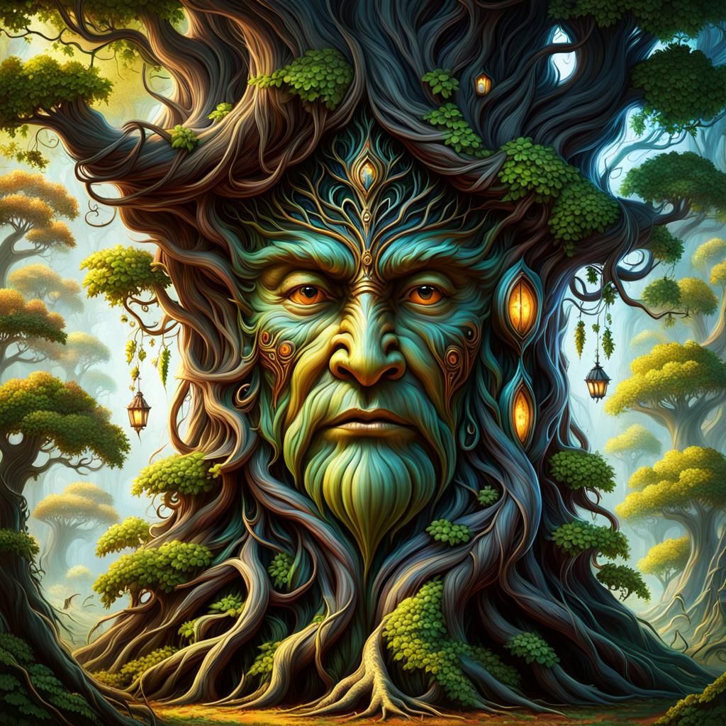 A wise talking tree with a face in the bark and vines for hair.  by @Phantazia