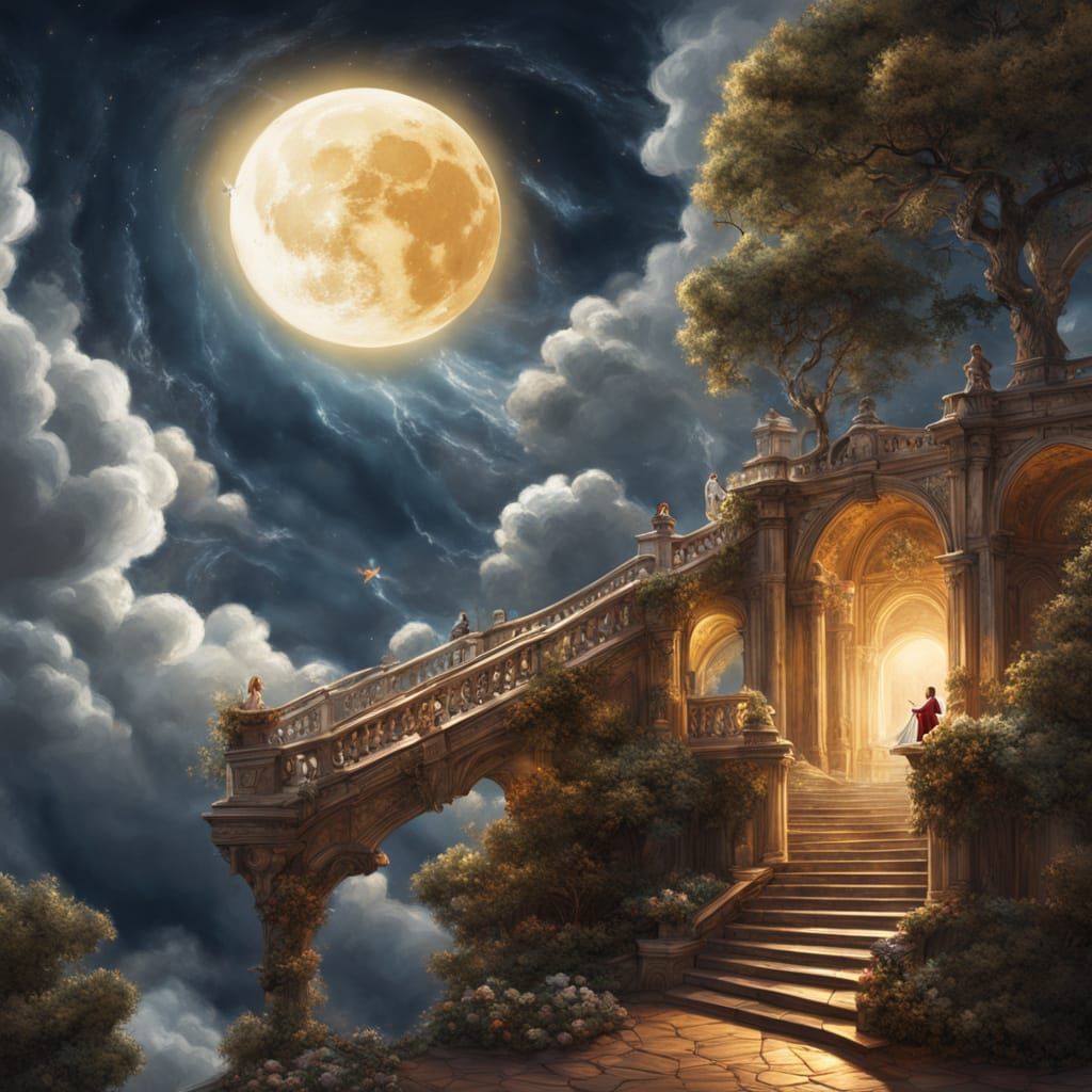 A magical surreal scene of a colossal library built inside the glowing full moon, with towering shelves filled with ancient books. A winding...