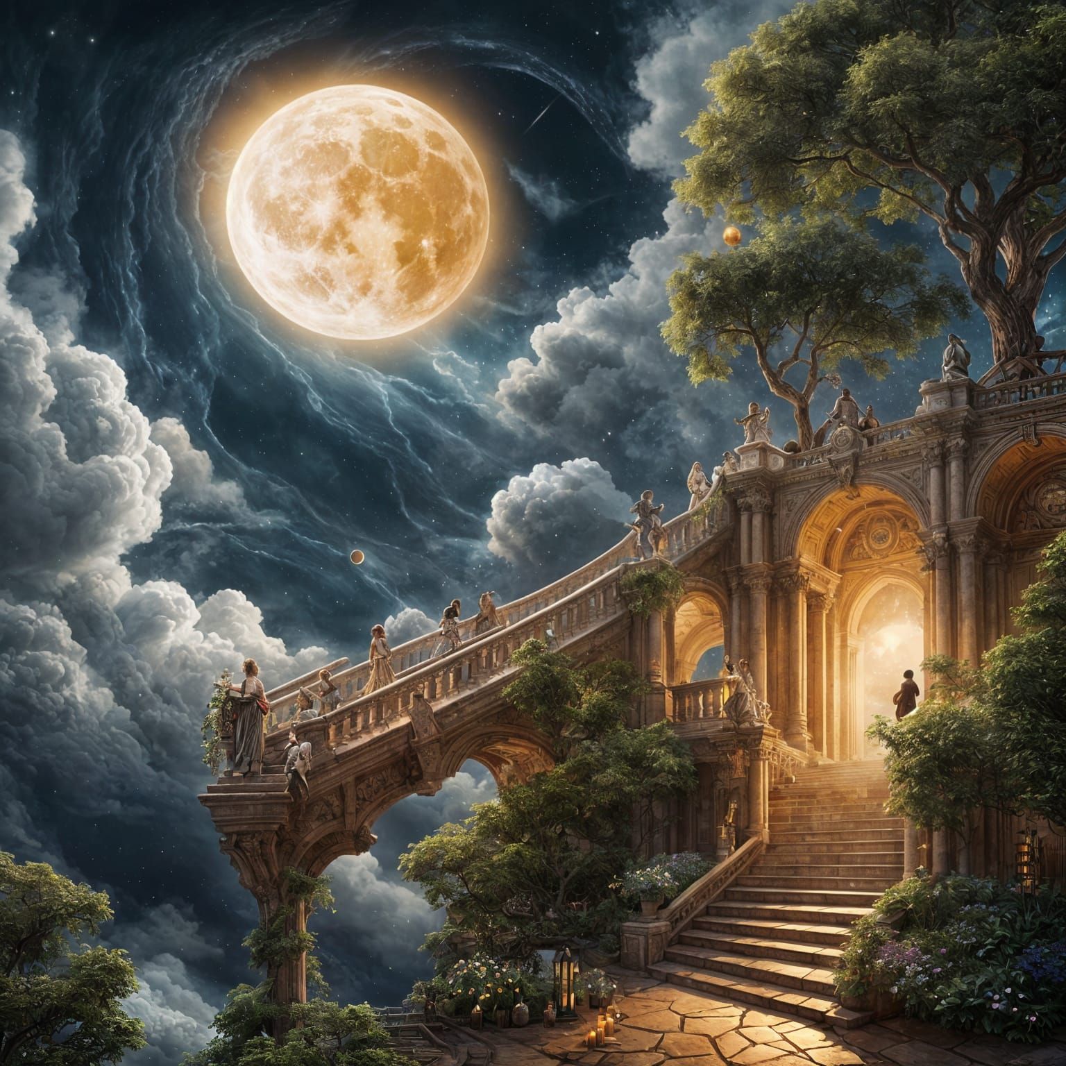 A magical surreal scene of a colossal library built inside the glowing full moon, with towering shelves ...  by @Schoor