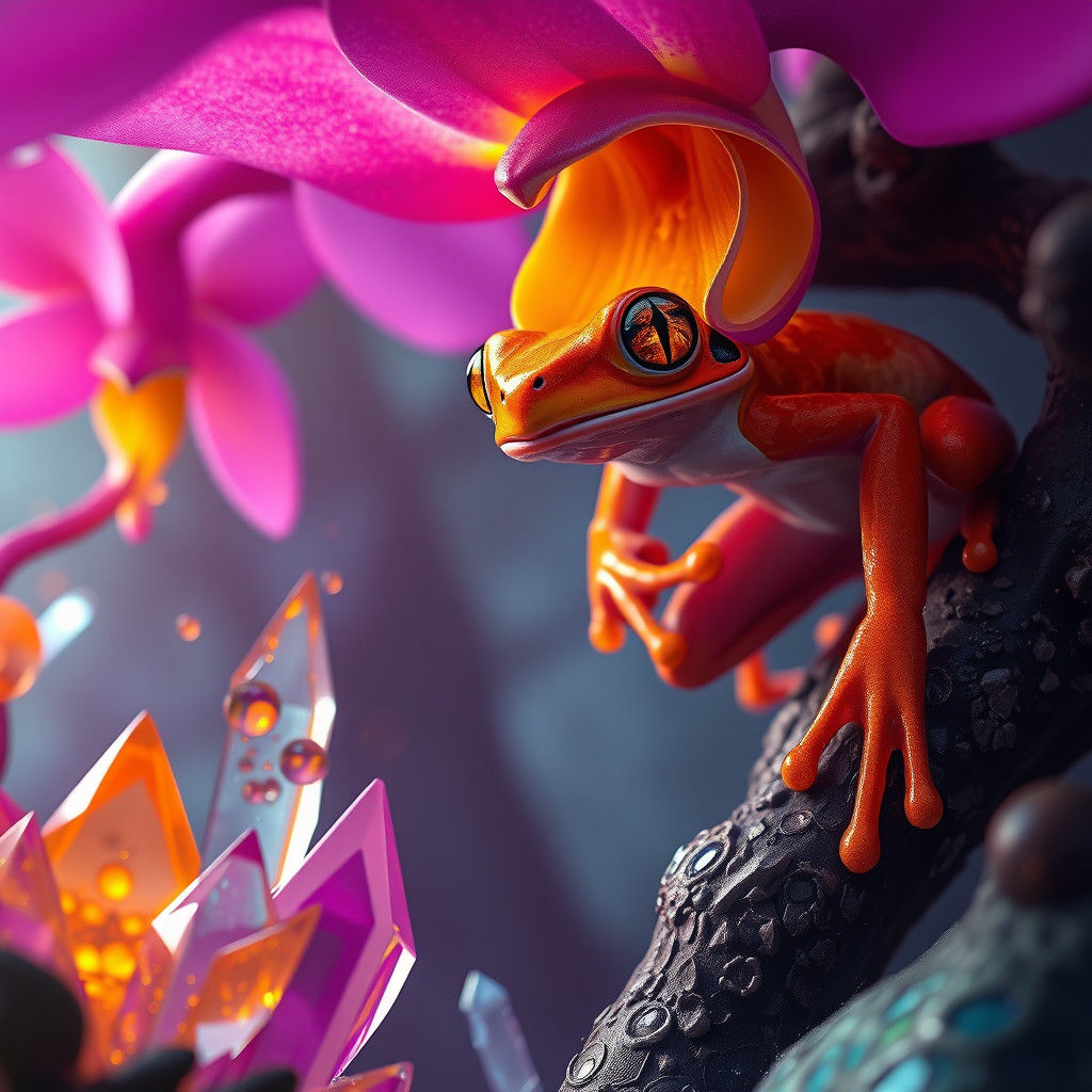An orange fire frog lives in the fire orchid, where crystals grow in a rainforest.