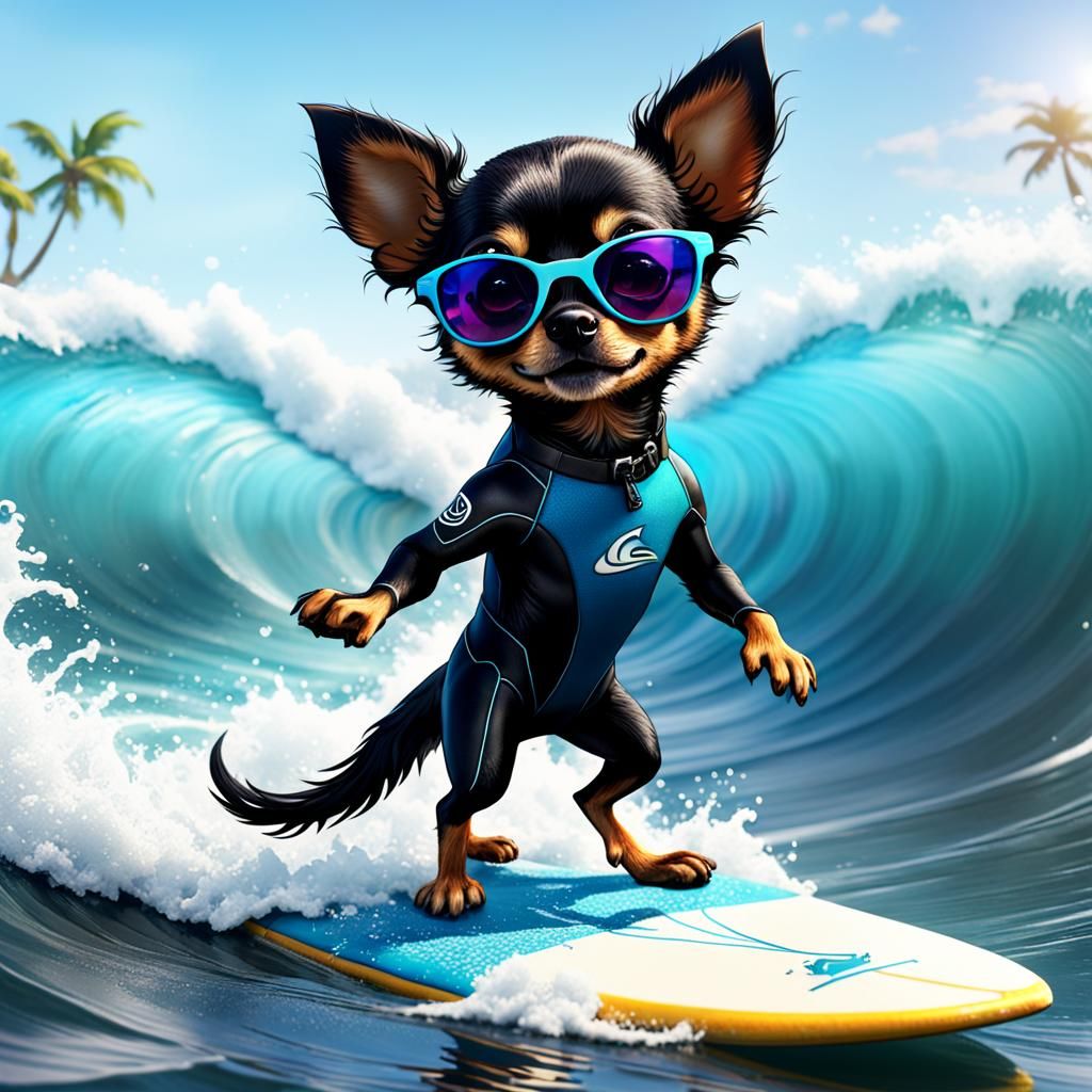 a cute little black chihuhahua with sunglasses and wetsuit o...