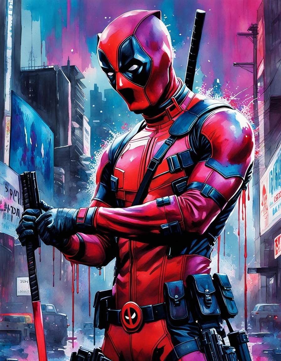 Dead Pool full portrait by Julie Bell. Watercolor splash art, apparent ...