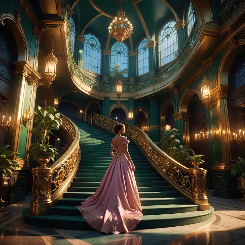 Elegant Fantasy Lady Descends Majestic Staircase in Golden H...