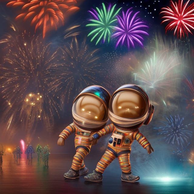 Two spacemen dancing to Fireworks