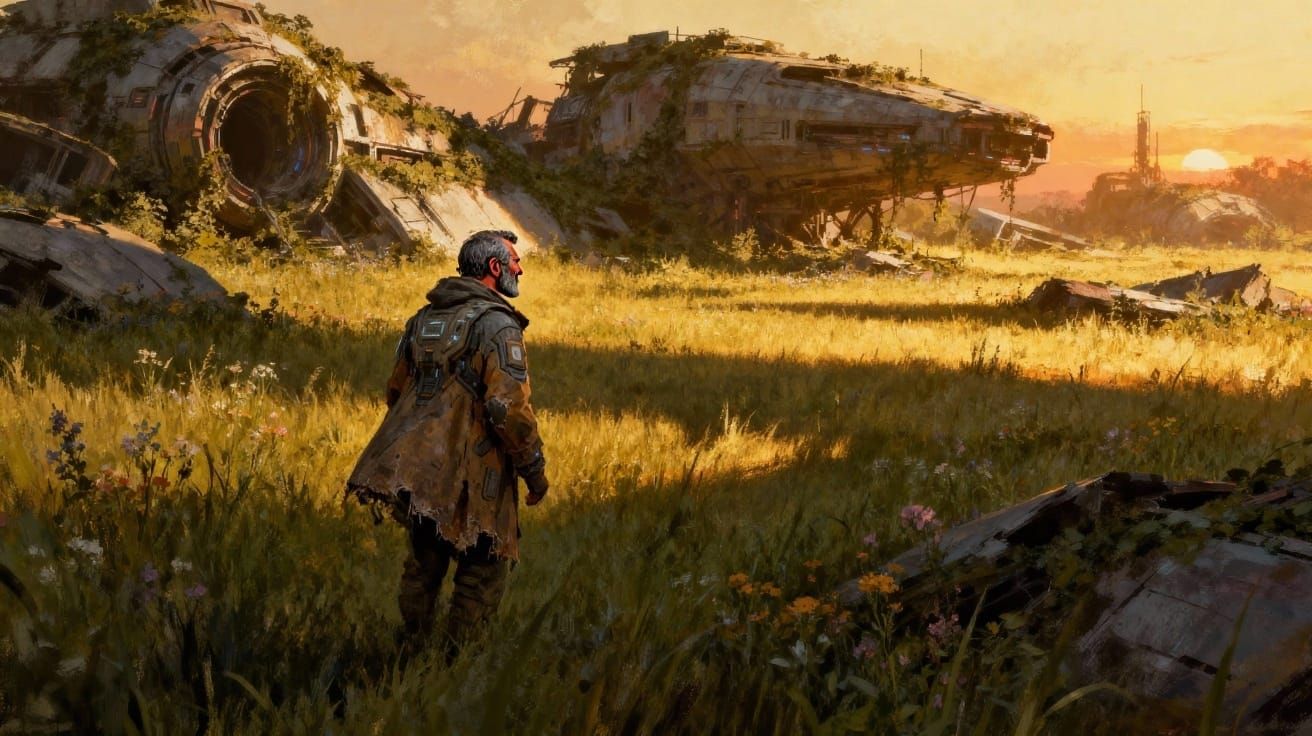 Overgrown Futuristic Ruins at Sunset: A Fox Explores