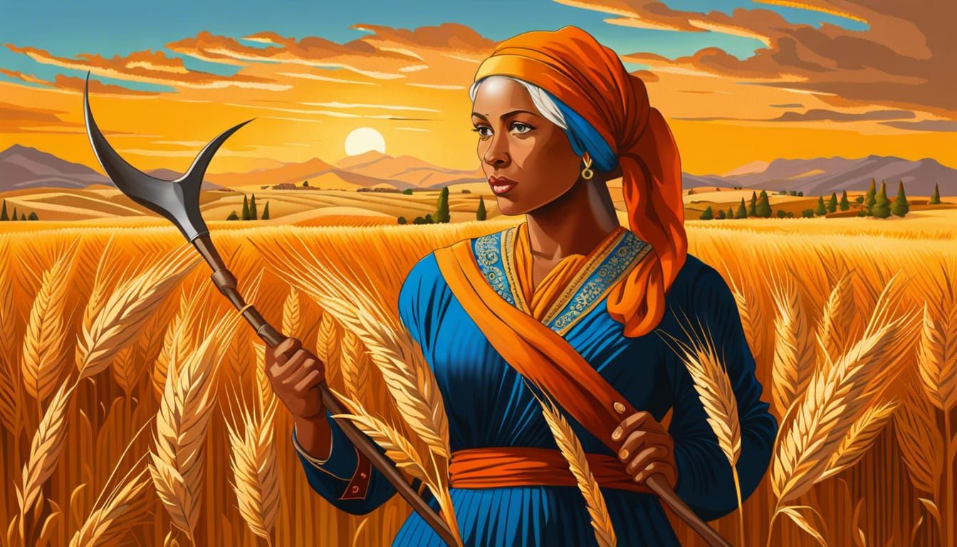 Tired woman cutting wheat with a sickle at golden hour