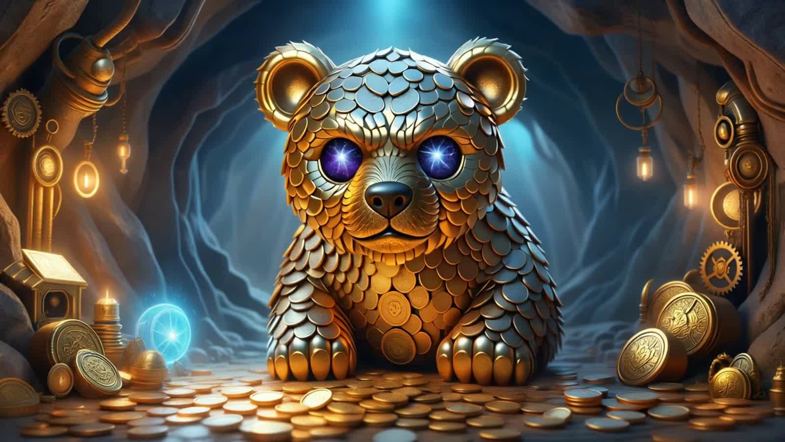 A colossal, ancient bear made of stacked gold coins and tarnished silver, guarding a hoard of glowing, otherworldly trea...