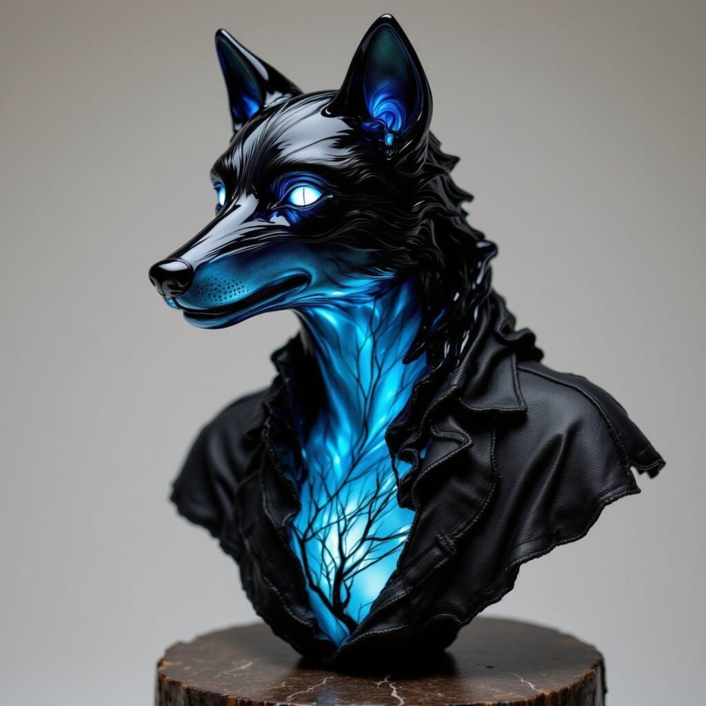 <lora:Bust-ed:1.0>  

Non-binary black wolf with sleek fur, glowing blue eyes, and gothic rose stems entwined beneath the surface embedded w...