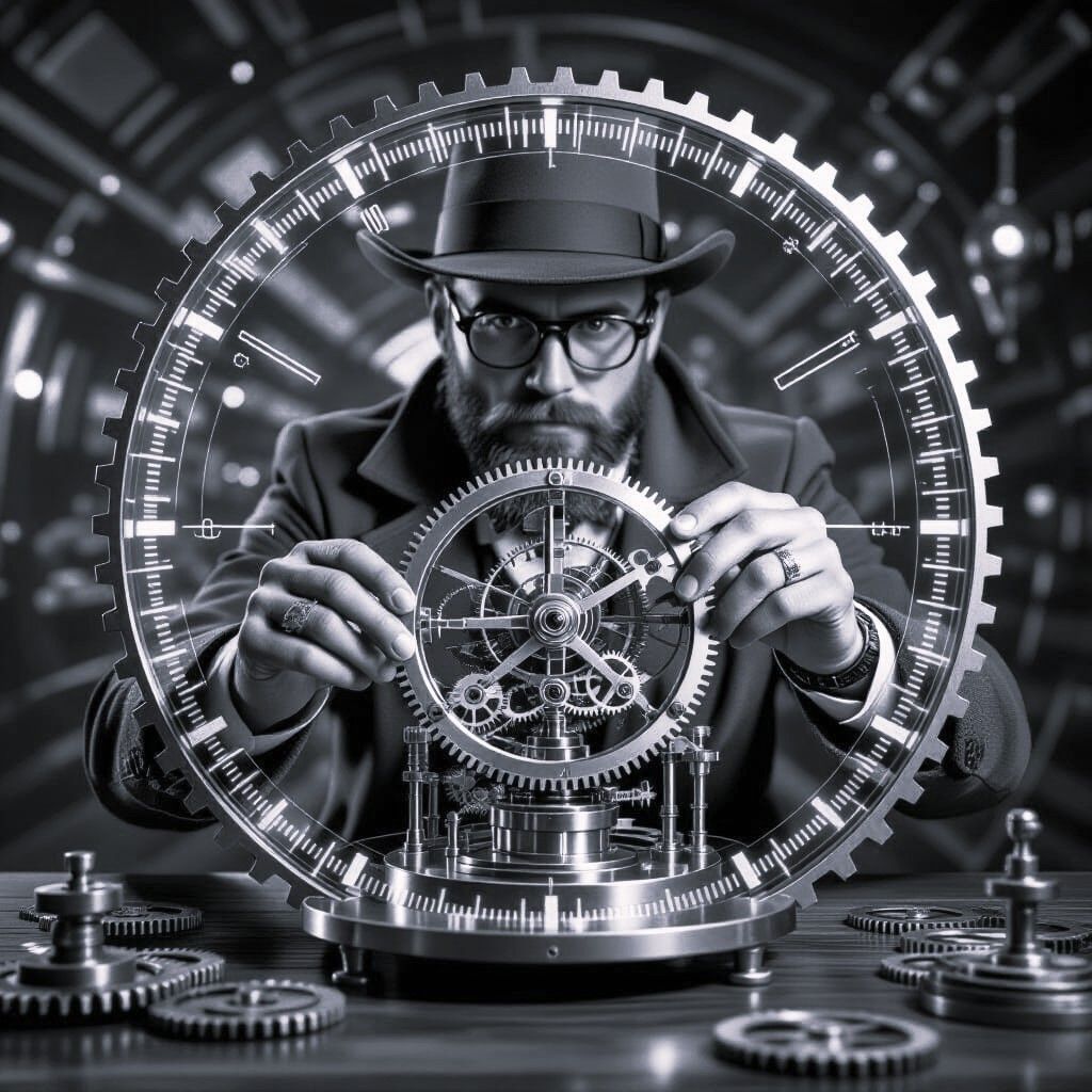 An inventor surrounded by gears, setting a brass time machin...