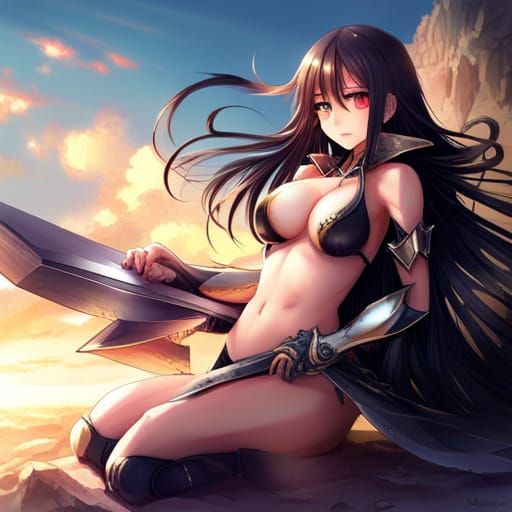 Black skimpy fantasy bikini armor long straight black hair