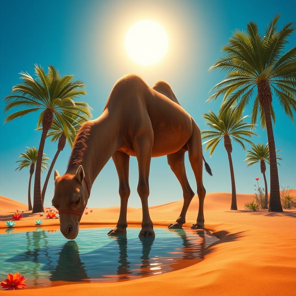 Camel Oasis in Dreamlike Fantasy Concept Art Style