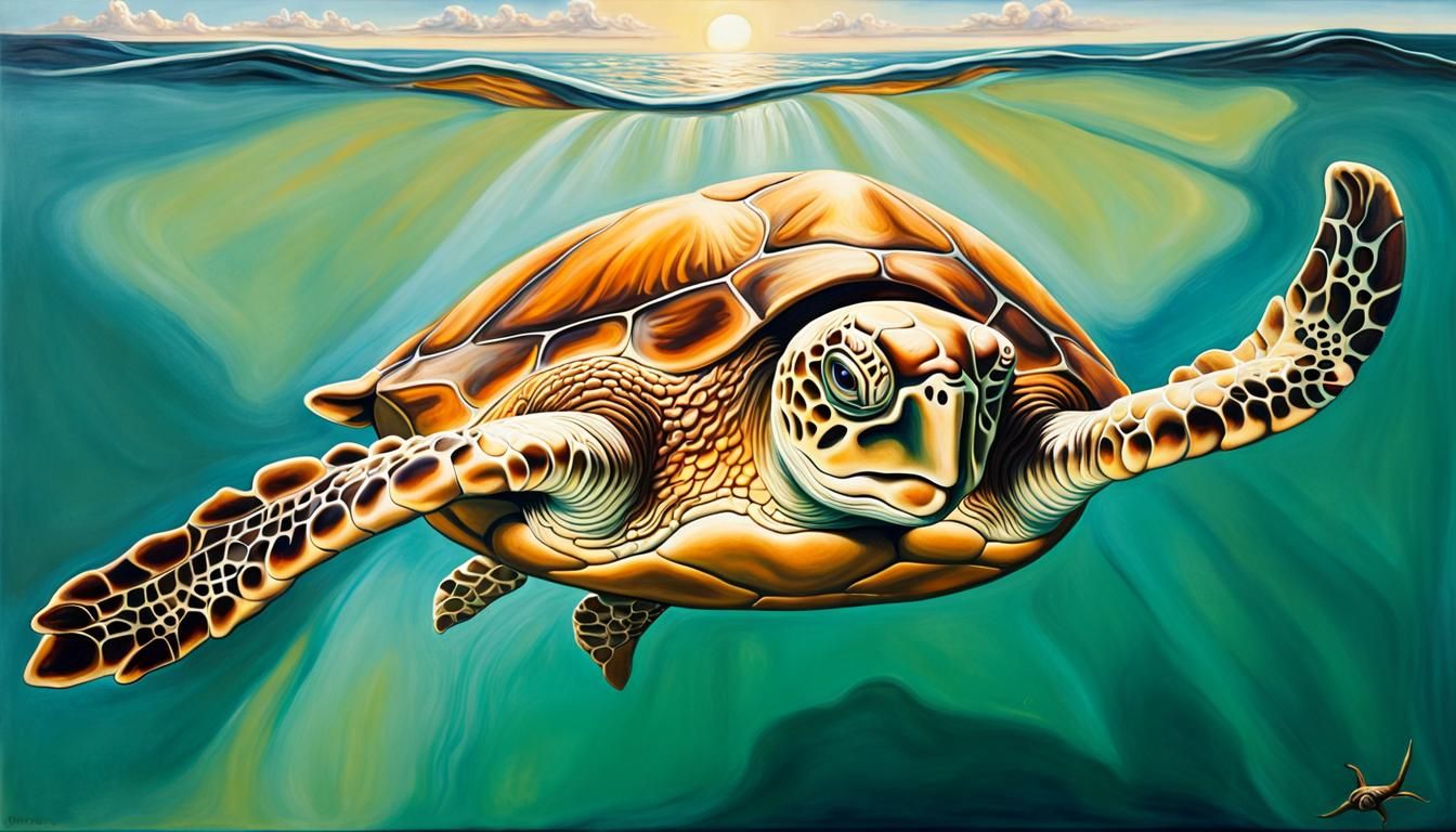 Turtle swimming in the sunlit sea